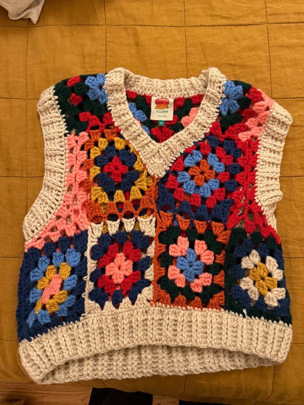 Farm Rio Granny Square Crochet Sweater Vest XS, Fits Oversized, NWOT